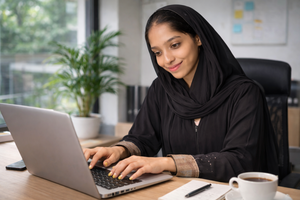 Woman working on laptop in modern office.