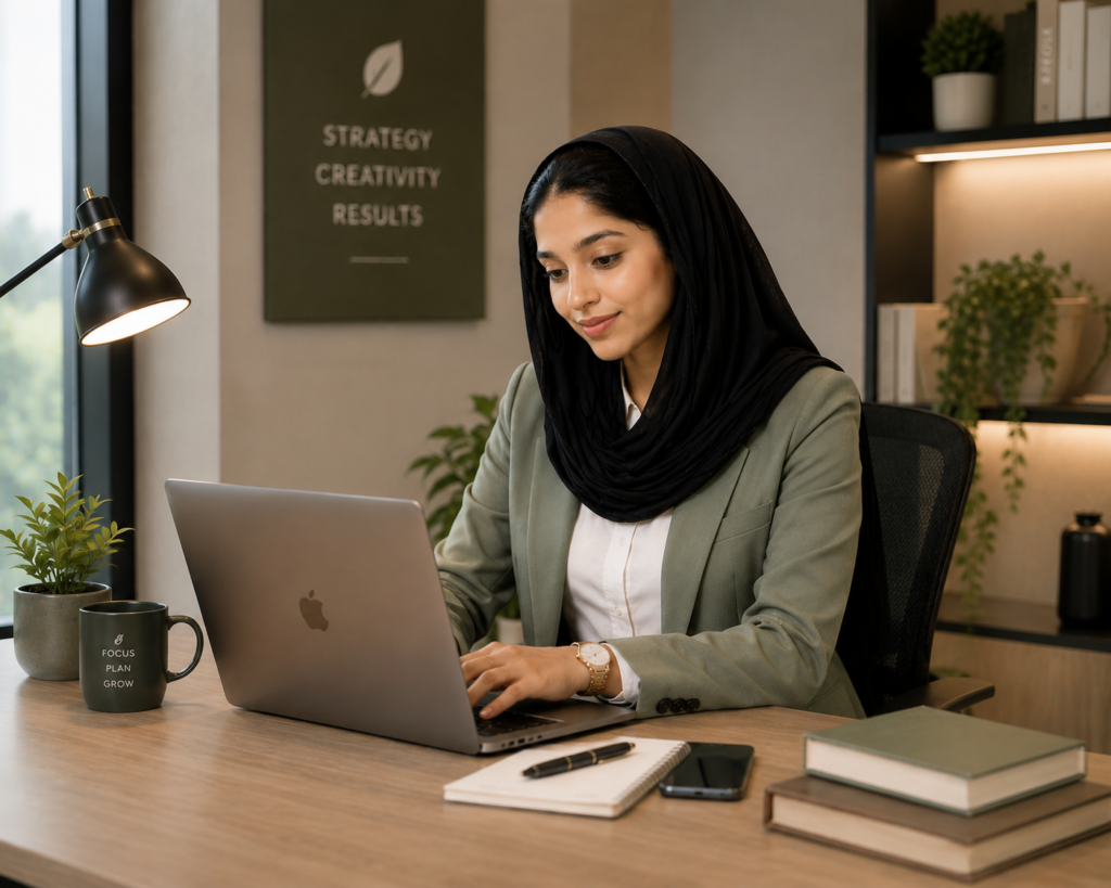 Young woman working on laptop in a modern office.