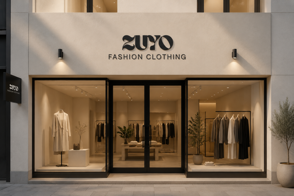 Minimal luxury ZUYO fashion store exterior.