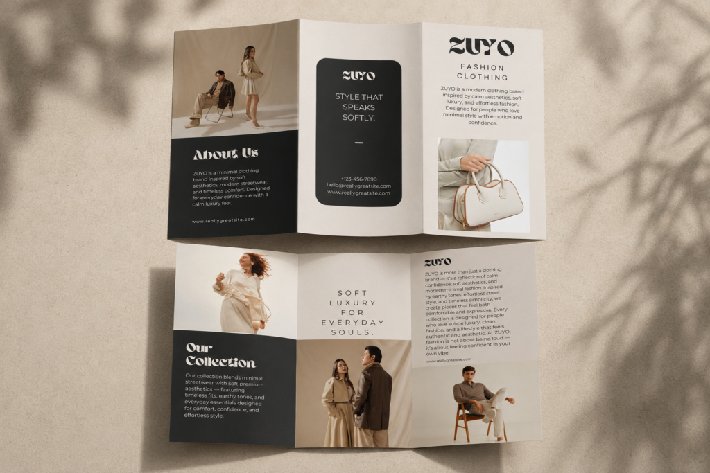 Minimal ZUYO fashion brochure with soft luxury aesthetic.