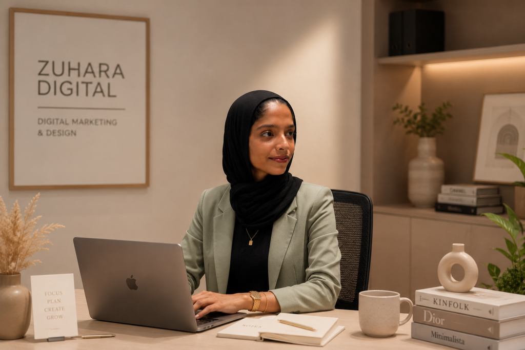 Professional digital marketer working on a laptop in a modern minimalist office.